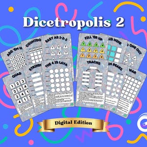 Könnte beinhalten: Spielkarten-Set von Dicetropolis 2 in digitaler Edition. Die Karten zeigen Spielanweisungen und Grafiken, darunter Zahlen und Formen. Der Hintergrund ist blau mit bunten abstrakten Formen. Der Text "The 4 is Lava" ist sichtbar.