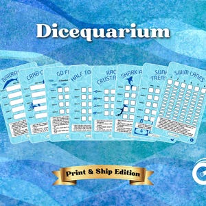 May include: A collection of blue game cards with aquatic-themed illustrations and the title "Dicequarium." Each card features a different game, with titles like "Barracuda," "Crab Catch," and "Swim Lanes." The words "Print & Ship Edition" are on a gold banner.