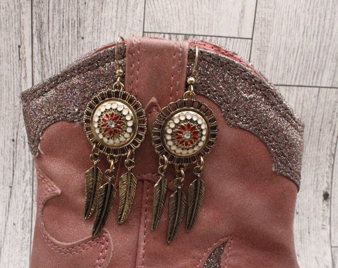 Dream Catcher Earrings with Red Flower Center and Feathers; Southwestern Style Earrings in Gold; Gold Dream Catcher Earrings