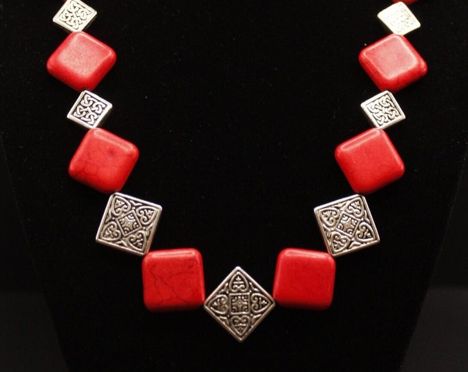 Diagonal Red and Silver Necklace Set; Red Stones and Silver Diagonal Celtic Beads Necklace; Southwestern Jewelry