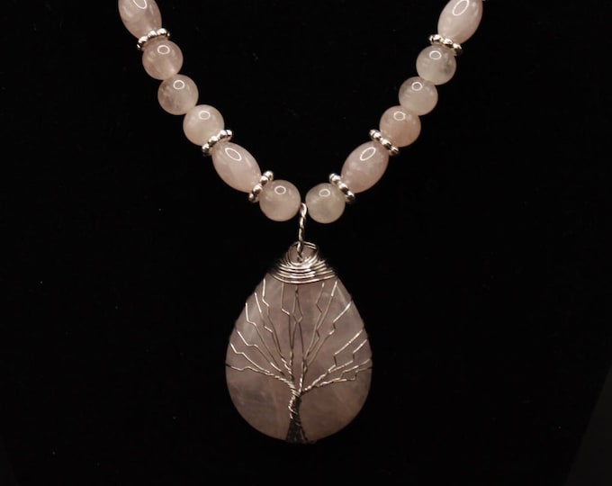 Rose Quartz Teardrop Tree of Life Pendant Necklace Set; Stone Pendant Necklace Set; Rose Quartz Jewelry; Tree of Life Pendant Pendant