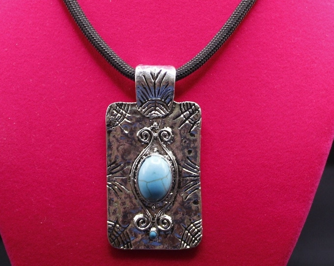 Rectangle Silver Turquoise Pendant; Turquoise Pendant; Etched Silver Pendant; Southwestern Silver Pendant Necklace
