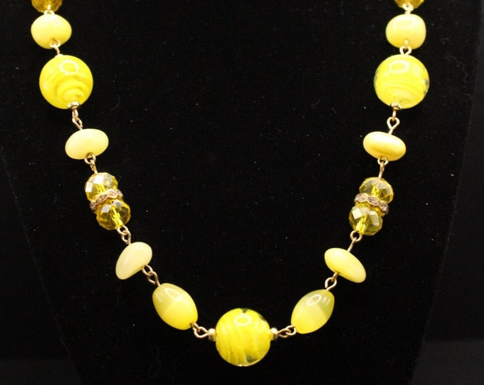 Summer Yellow Jewelry Set; Lampwork Swirl Lemonade Necklace Set; Crystal Yellow Necklace Set; Sunshine Yellow Jewelry Set