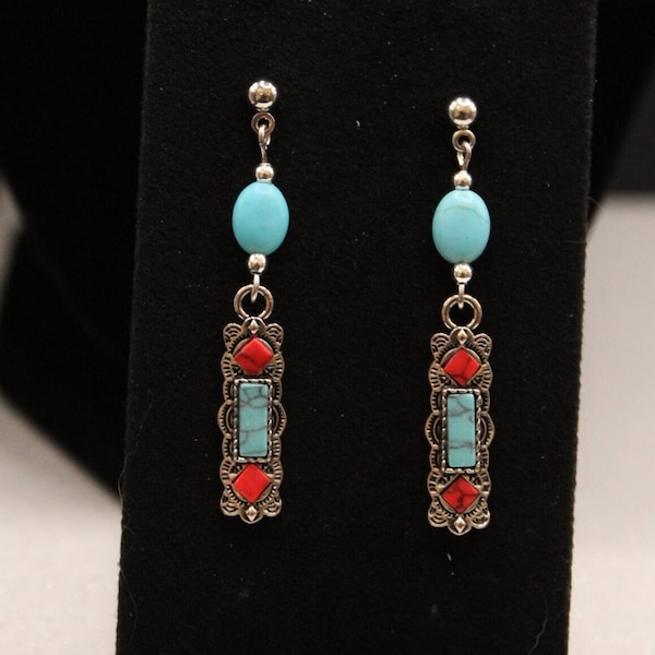 Rectangle Turquoise and Coral Earrings; Dangle Southwestern Style Earrings; Turquoise and Coral Earrings; Dangle Rectangle Earrings