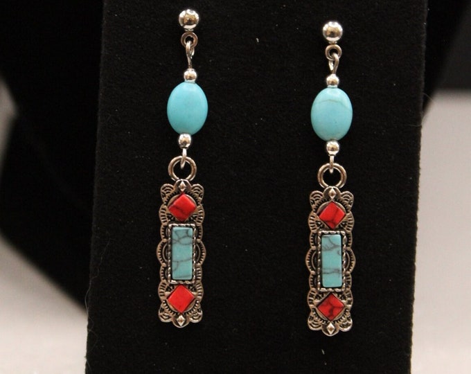 Rectangle Blue and Red Turquoise Earrings; Dangle Southwestern Style Earrings; Turquoise Earrings; Dangle Rectangle Earrings
