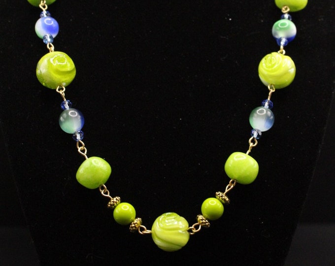 Summer Necklace; Lime Green and Blue Necklace; Lampwork Swirl Green Necklace; Cat's Eye Set; Blue and Green Necklace