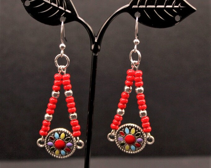Red Bead Dangle Earring with Enamel Disks; Red Southwestern Earring; Enamel Earring with Red Beads