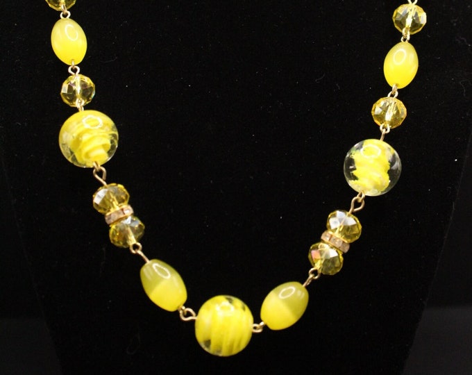 Summer Yellow Jewelry Set; Lampwork Swirl Lemonade Necklace Set; Crystal Yellow Necklace Set; Sunshine Yellow Jewelry Set