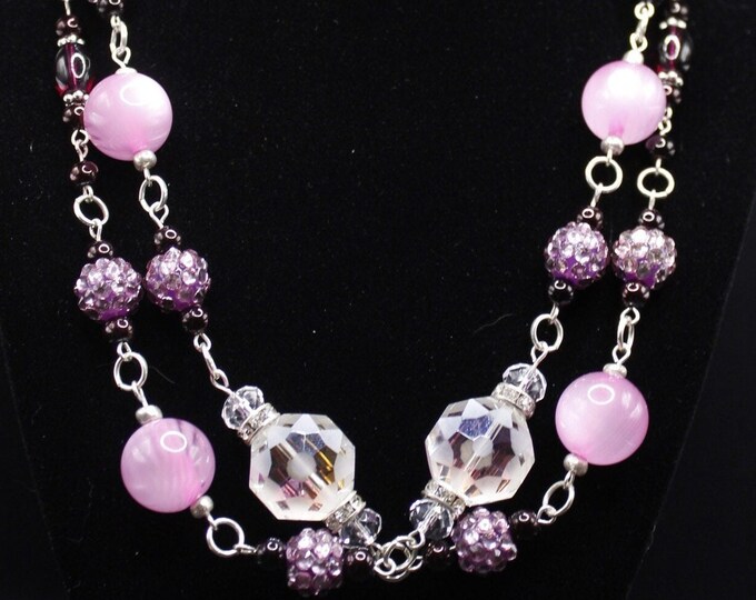 Purple and Silver Necklace Set; Crystals and Purple Necklace Set; Purple Pearls and Crystals with Large Purple Beads; Octagon Crystals