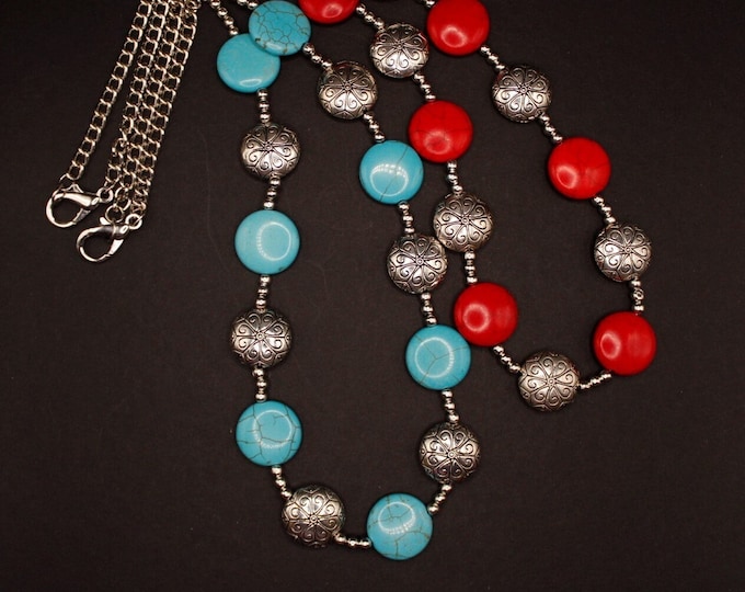 Red and Silver Concho Necklace Set; Red and Blue Necklaces; Silver Conchos with Red or Blue Stones Necklace Set; Southwestern Style