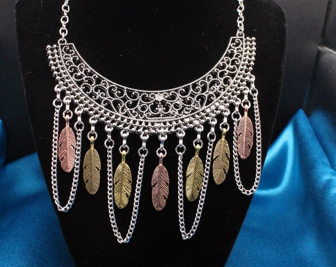 Bib Necklace with Silver Feathers; Bib Necklace with Multiple Color Feathers; Southwestern Style; Silver Necklace Set;