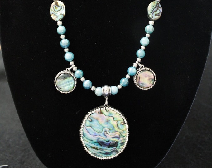 Large Oval Abalone Pendant with Shell Beads; Abalone Pendant with Rhinestones; Abalone Pendant with Charms; Aqua/Teal Shell Beads