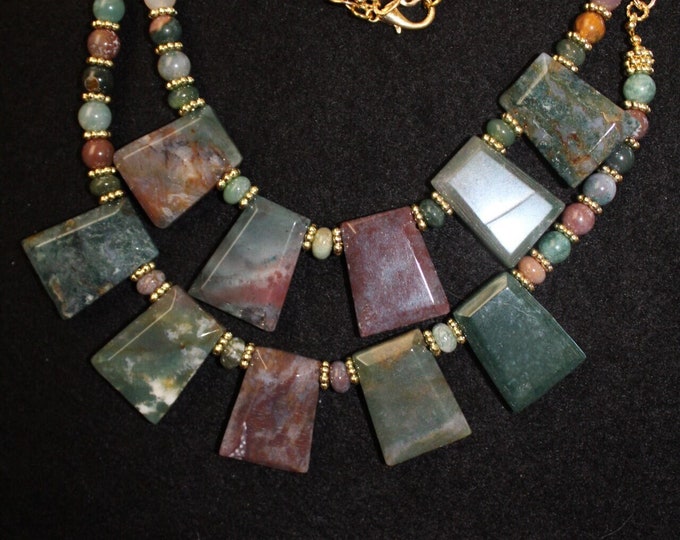India Agate Trapezoid Faceted Necklace Set; Green Agate Necklace Set; Stone Necklace Set; India Agate Necklace Set
