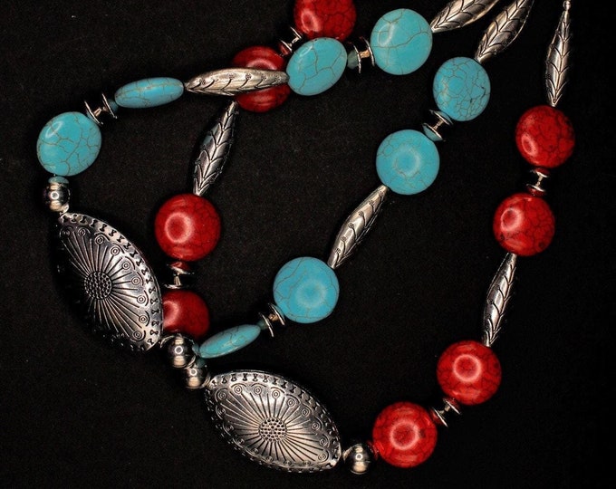 Concho Turquoise "Howlite" Necklace Set; Red "Howlite" Turquoise Concho Necklace Set; Concho Necklace Set; Southwestern Style