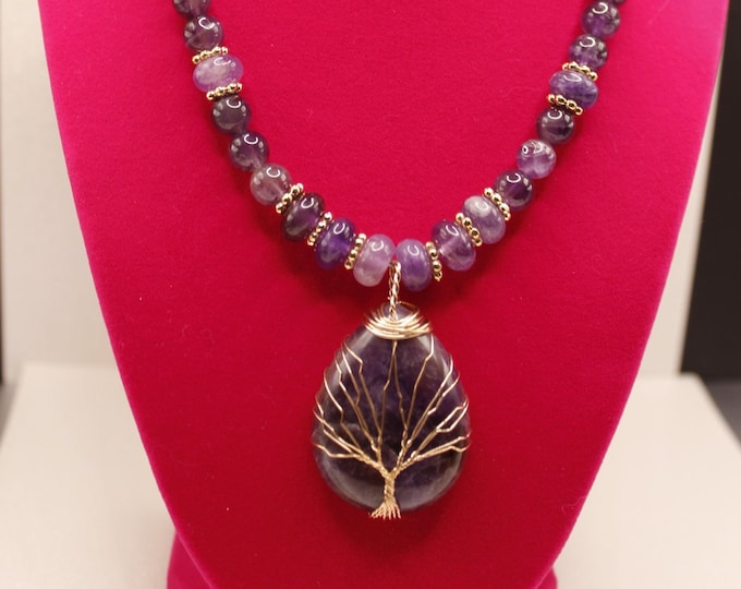Amethyst Quartz Teardrop Wire-Wrapped Tree on Pendant; Purple Stone Pendant Necklace Set; Tree of Life Pendant Set