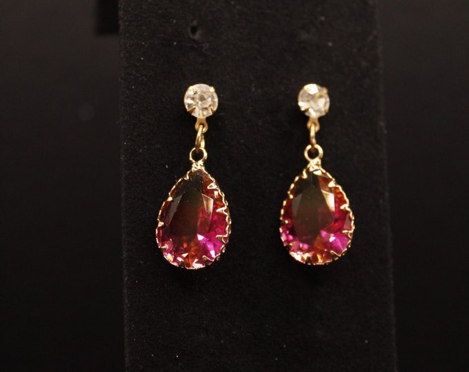 Teardrop Ombre Iridescent Rhinestone Earrings; Pink and Yellow Ombre Teardrop Iridescent Rhinestone Earrings; Teardrop Iridescent Earrings