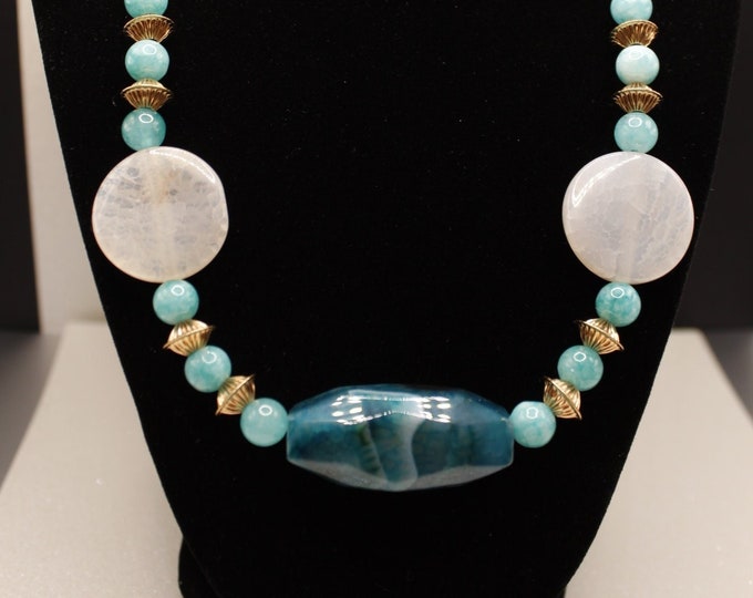 Agate Teal Necklace Set; Turquoise and Ivory Crackle Agate Necklace Set; Cleopatra Theme Necklace Set