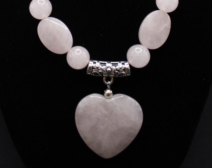Rose Quartz Heart Necklace Set; Pink Quartz Heart Necklace; Pink Stone Quartz Necklace; Valentine Gift