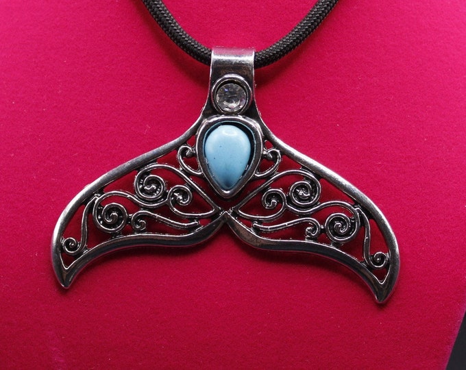 Whale Tail Pendant Necklace; Whale Pendant Necklace; Whale Tail Pendant with Turquoise and Inlaid Scrolling