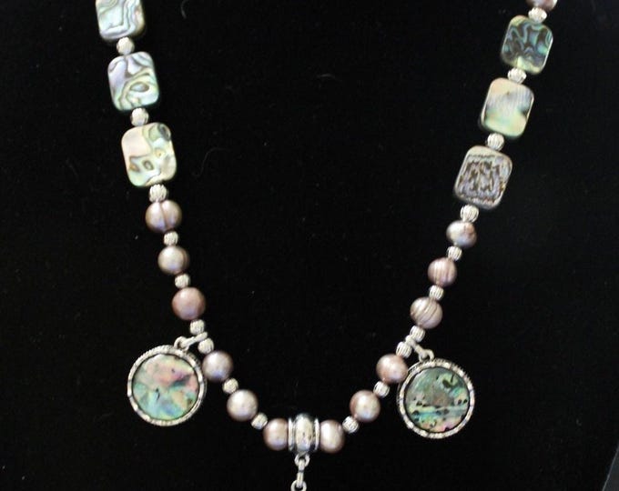 Large Oval Abalone Pendant with Shell Beads; Abalone Pendant with Rhinestones; Abalone Pendant with Charms; Lt. Brown Potato Pearls