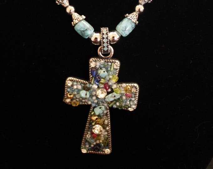 Beaded Mosaic Cross Pendant Necklace Set; Cross Pendant Necklace; Mosaic Cross Necklace; Religious Jewelry