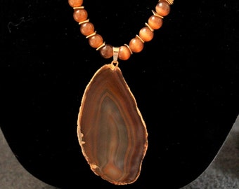 Brown Sliced Agate Necklace Set; Brown Agate with Cat's Eye Set; Agate Necklace with Gold Accents; Fall Colors of Brown and Gold Set