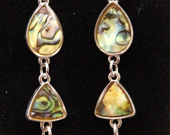 Dragonfly Abalone Silver Earrings; Teardrop Triangle and Dragonfly Abalone Dangle Earrings