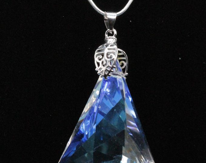 Large Long Diamond Glass Pendant Necklace; Faceted Teardrop Glass Pendant; Elongated Diamond Shape Glass Pendant Necklace;