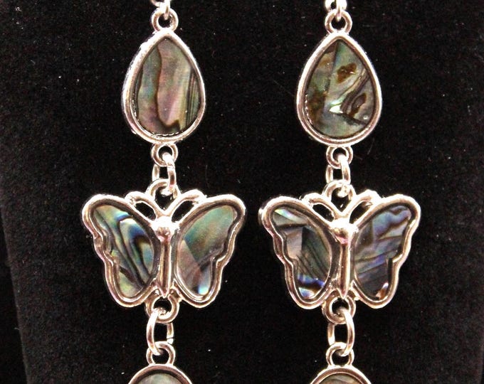 Butterfly Abalone Silver Earrings; Teardrop Butterfly Oval Abalone Earrings