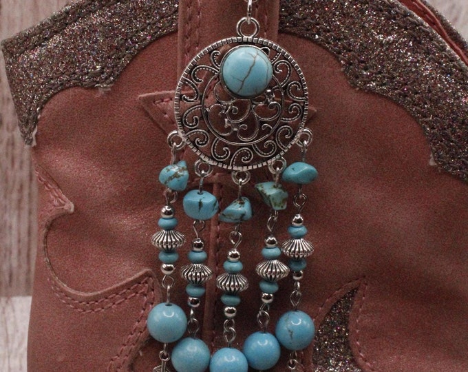 Chandelier Southwestern Earrings;  Turquoise Chandelier Earrings; 5-Dangle Drop Earrings; Medallion Chandelier Earrings with Feathers