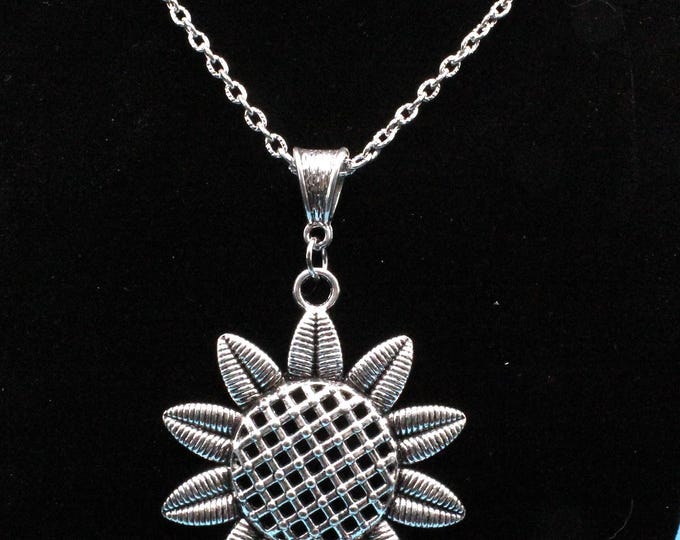 Silver Sunflower Pendant Set; Sunflower Pendant with Earrings