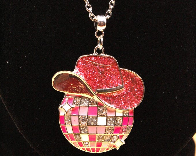 Disco Ball Cowgirl Hat Pendant Necklace; Pink and Silver Western Cowgirl Necklace; Pink Hat and Disco Ball Pendant Necklace