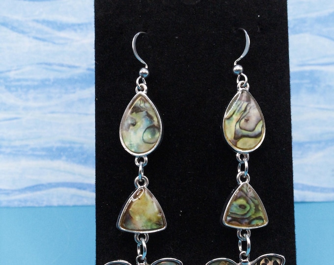 Dragonfly Abalone Teardrop Triangle Dangle Earrings – Silver Tone Jewelry