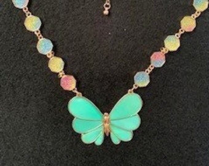 Butterfly Pendant; Shell Green/Aqua Butterfly Pendant Necklace; Glitter Octagon Ombre Connectors; Butterfly Pendant with Gold Edges