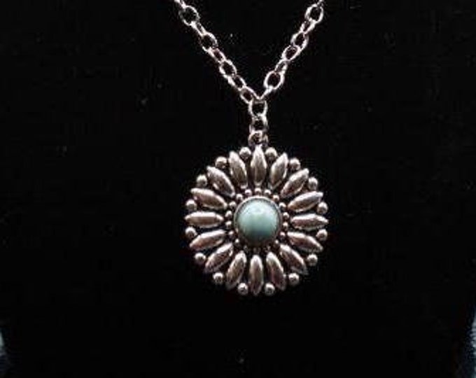 Silver Flower Pendant Necklace; Southwestern Flower with Center Stone Pendant; Turquoise Flower Pendant Necklace