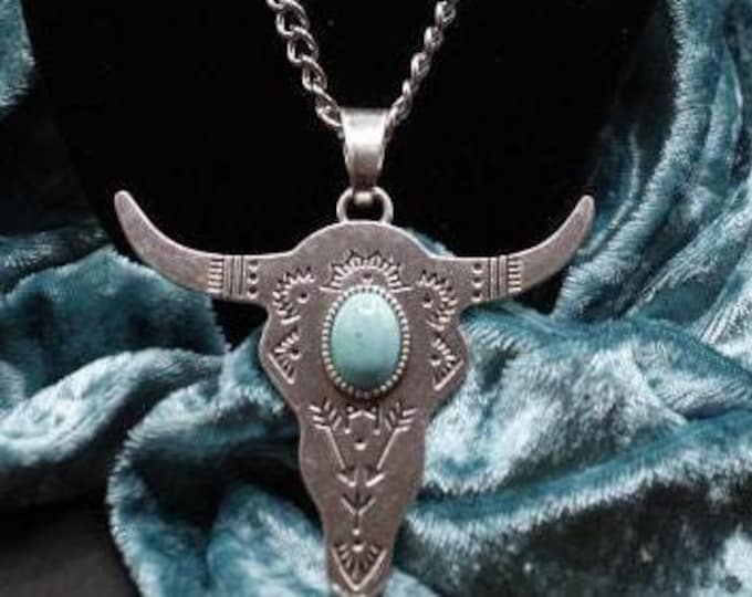 Longhorn Steer Pendant Necklace; Bull Head Pendant Necklace; Southwestern Style Bull Head Pendant; Cow Pendant with Center Turquoise Stone