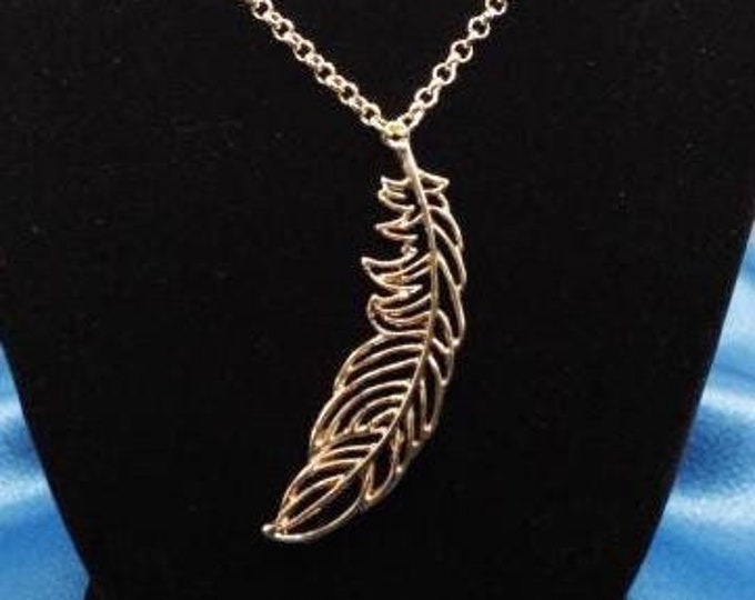 Golden Feather Pendant Necklace; Golden Feather Pendant; Rhinestones and Golden Feather Pendant