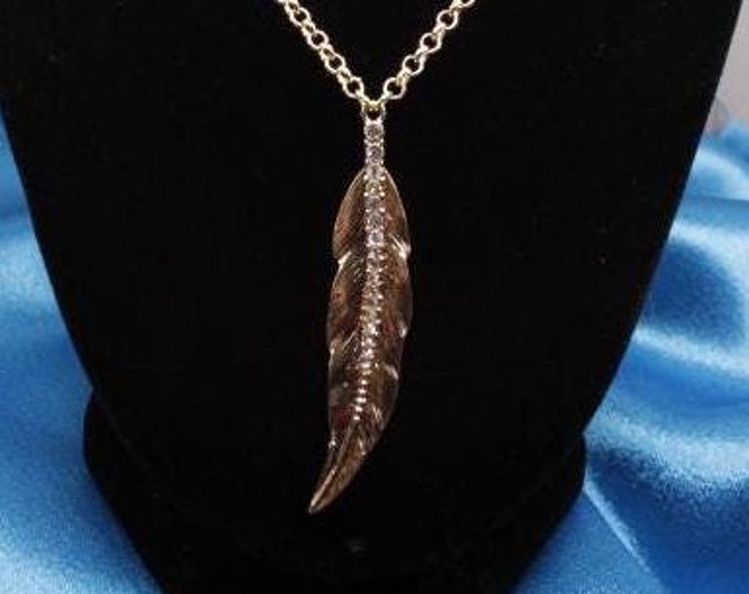 Golden Rhinestone Feather Pendant Necklace; Golden Feather Pendant; Rhinestone and Golden Feather Pendant