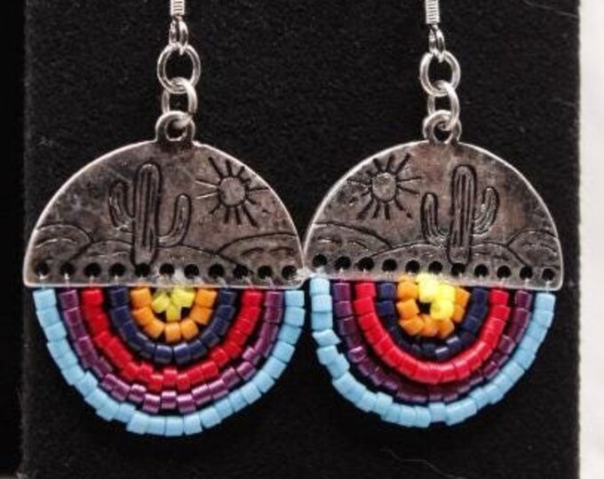 Southwestern Round with Cactus Motif and Rainbow Beads; Cactus and Rainbow Earrings; Western Style Earrings