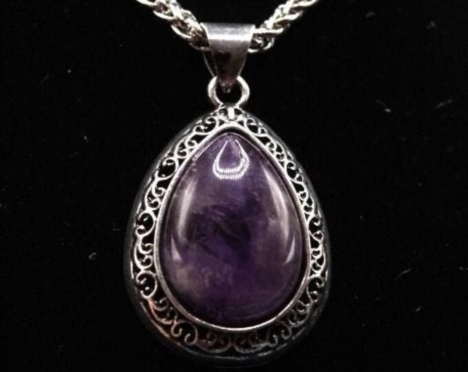 Natural Amethyst Teardrop Pendant; Purple and Silver Teardrop Pendant; Amethyst Teardrop Pendant;