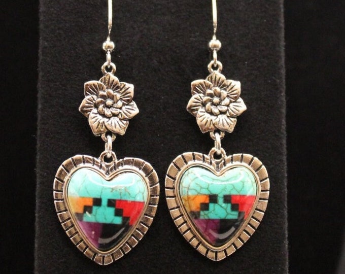 Heart Geometric Earrings; Southwestern Style Earrings; Heart and Flower Earrings; Multi-Color Heart Earrings
