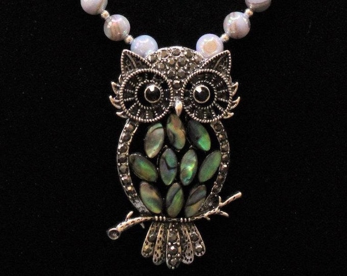 Abalone Owl Pendant Set; Owl Pendant with Blue Pearls; Shell Owl Pendant Set; Beach Necklace; Abalone Necklace