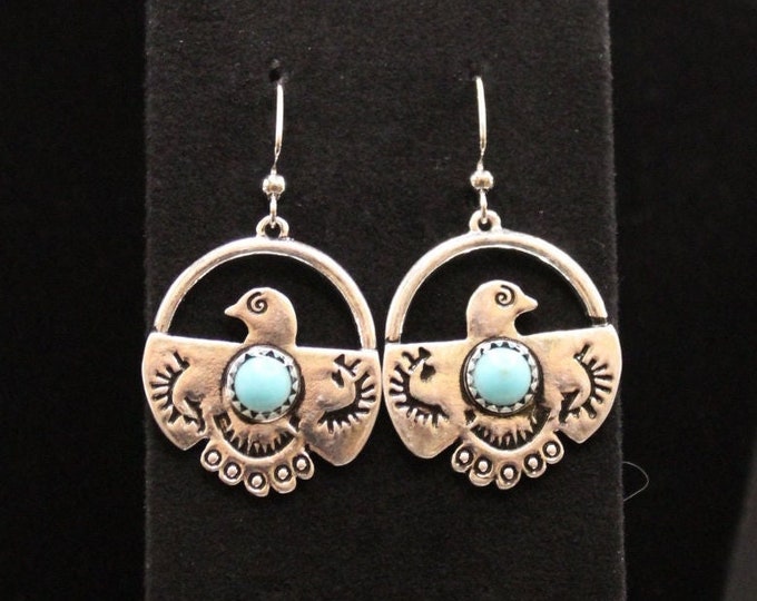 Silver Thunderbird Earrings; Round Thunderbird Earrings; Thunderbird with Blue Stone Earrings; Southwestern Style Earrings