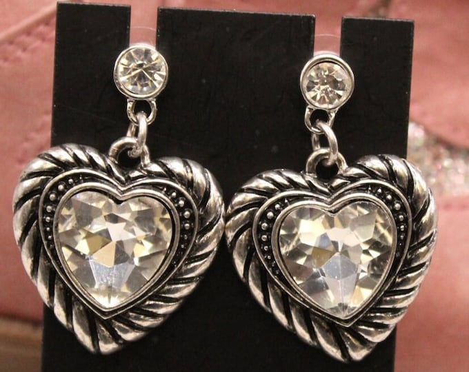 Silver Rhinestone Heart Earrings; Heart Earrings; Large Rhinestone Heart Earrings;
