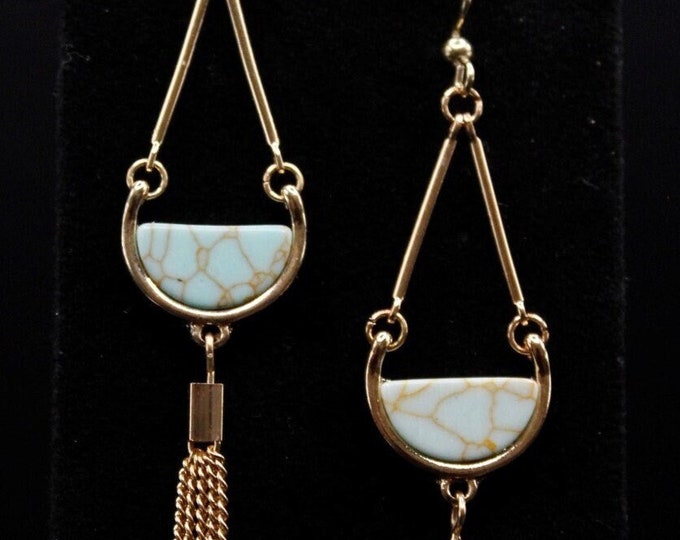 Howlite Stone Earrings; Triangle Shape Earring with Tassels; Gold and Stone Earrings; Green Stone Earrings;