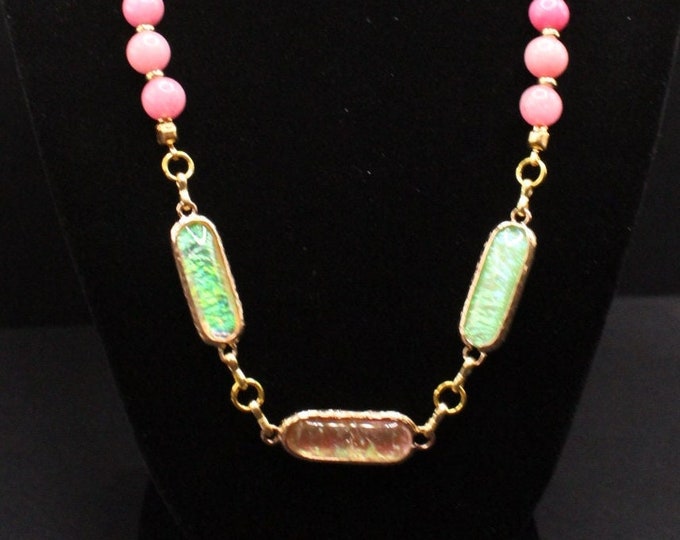 3-Stone 'Faux' Fiery Opal Necklace Set; Opal Necklace with Quartzite Beads; Fiery Opal Necklace Set; Green/Pink Combination Necklace Set