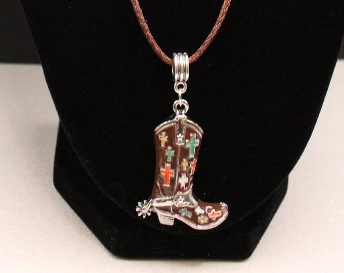 Cowboy Boot Pendant Necklace; Boot With Crosses Pendant Necklace; Southwestern Style Jewelry