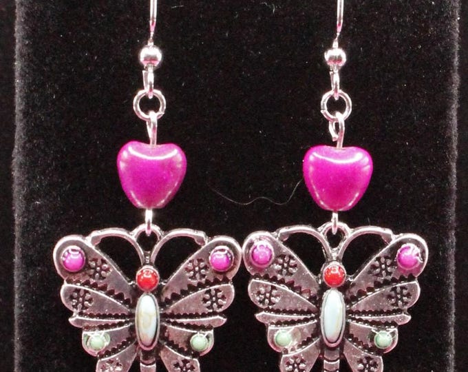 Butterfly Earrings; Southwestern Butterfly Earrings; Butterfly of many Colors Earrings; Butterfly and Heart Earrings;