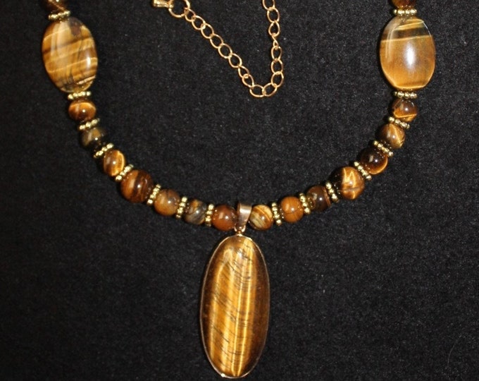Tiger Eye Pendant Necklace Set; Oval Tiger Eye Pendant Necklace; Stone Tiger Eye Necklace; Brown Stone Necklace Set