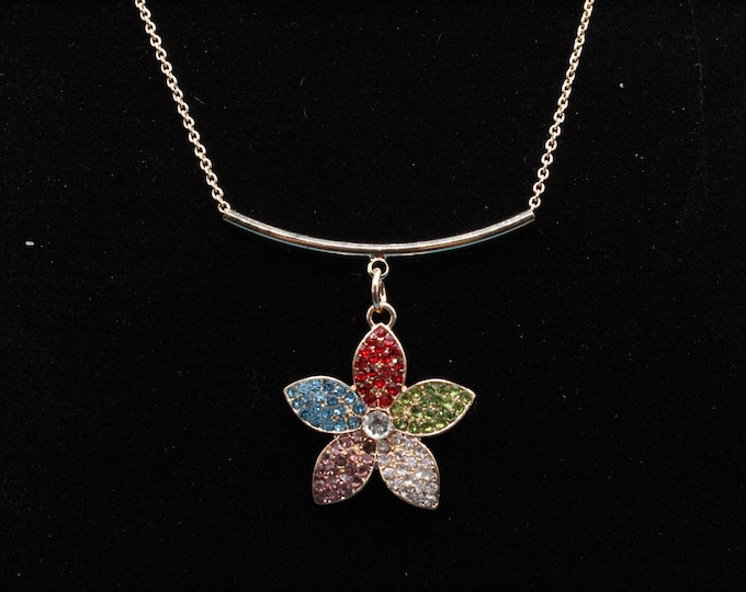 Rhinestone Flower Pendant Necklace; Colorful Flower Rhinestone Pendant Necklace; Flower Rhinestone Pendant Necklace; Many Color Flowers